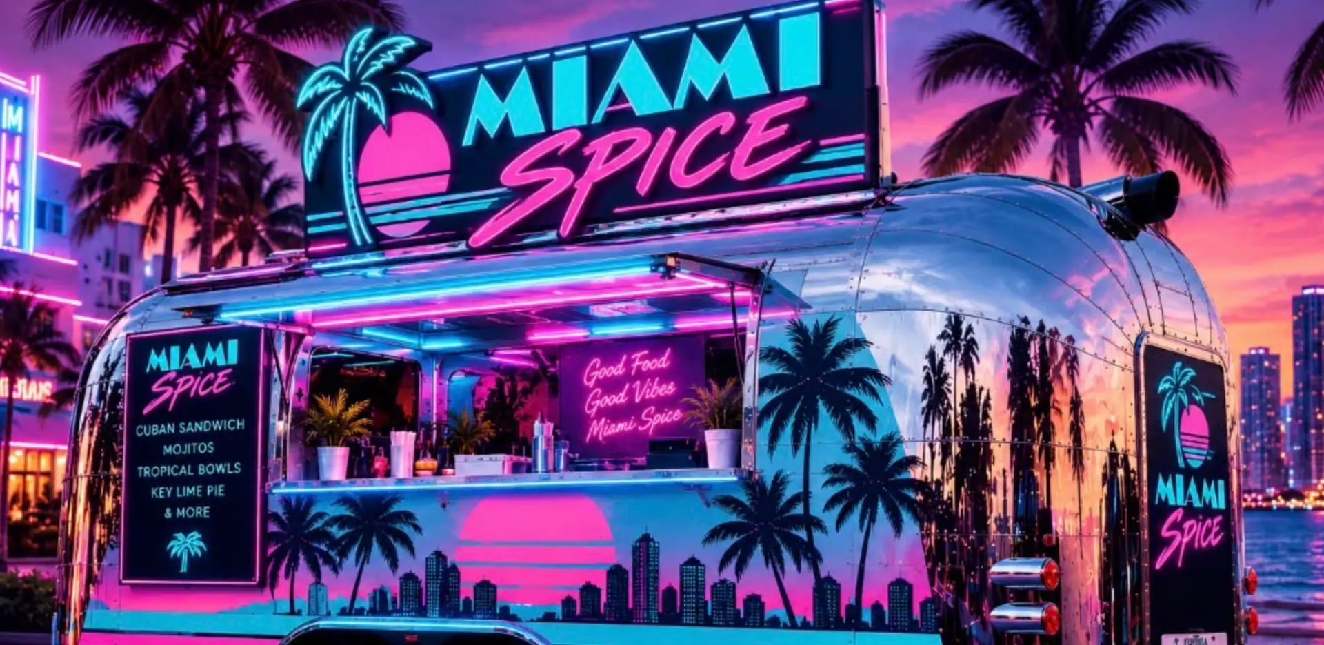 Miami Spice's silver food truck with neon pink and cyan palm tree branding